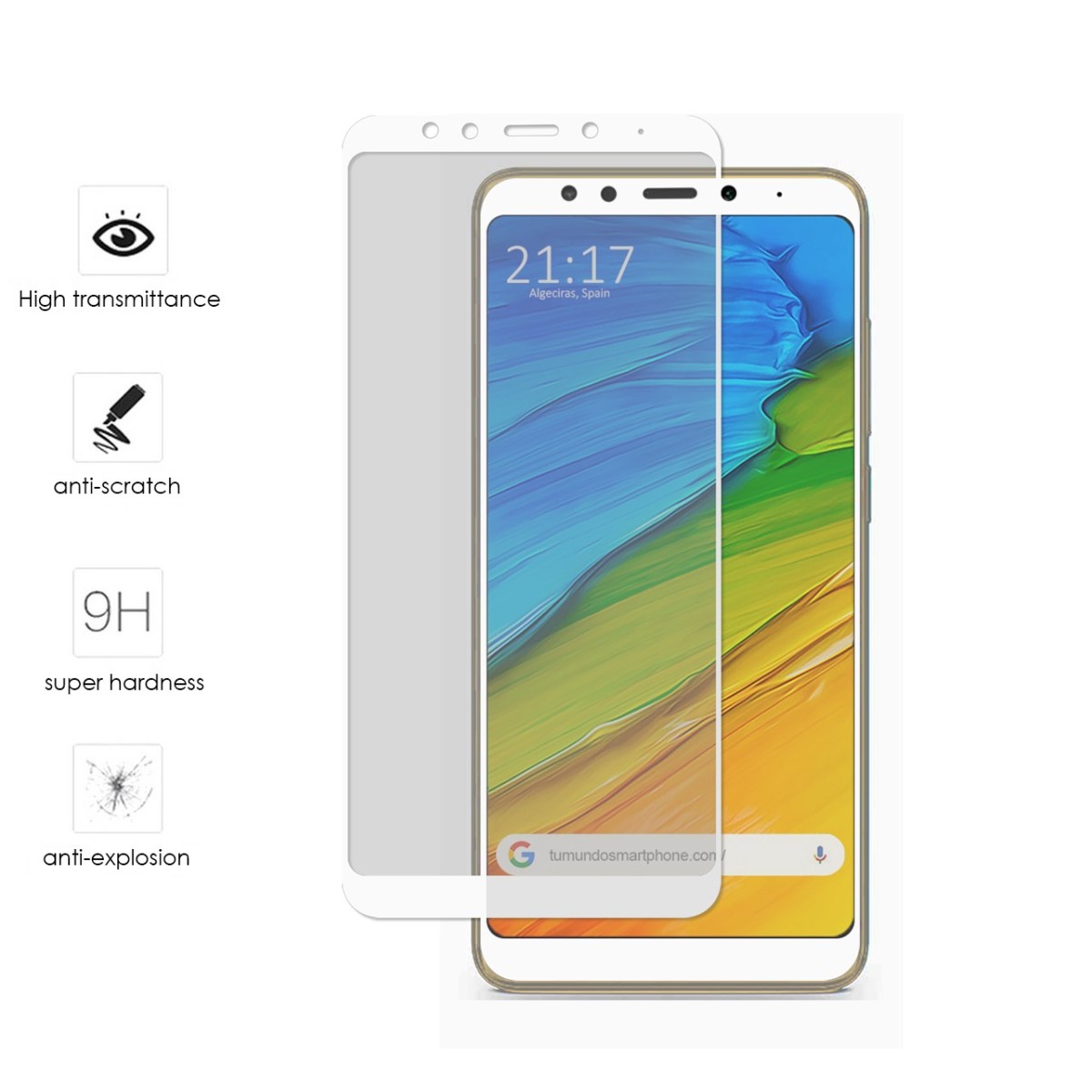 Protector Cristal Templado Frontal Completo Blanco para Xiaomi Redmi 5 Vidrio