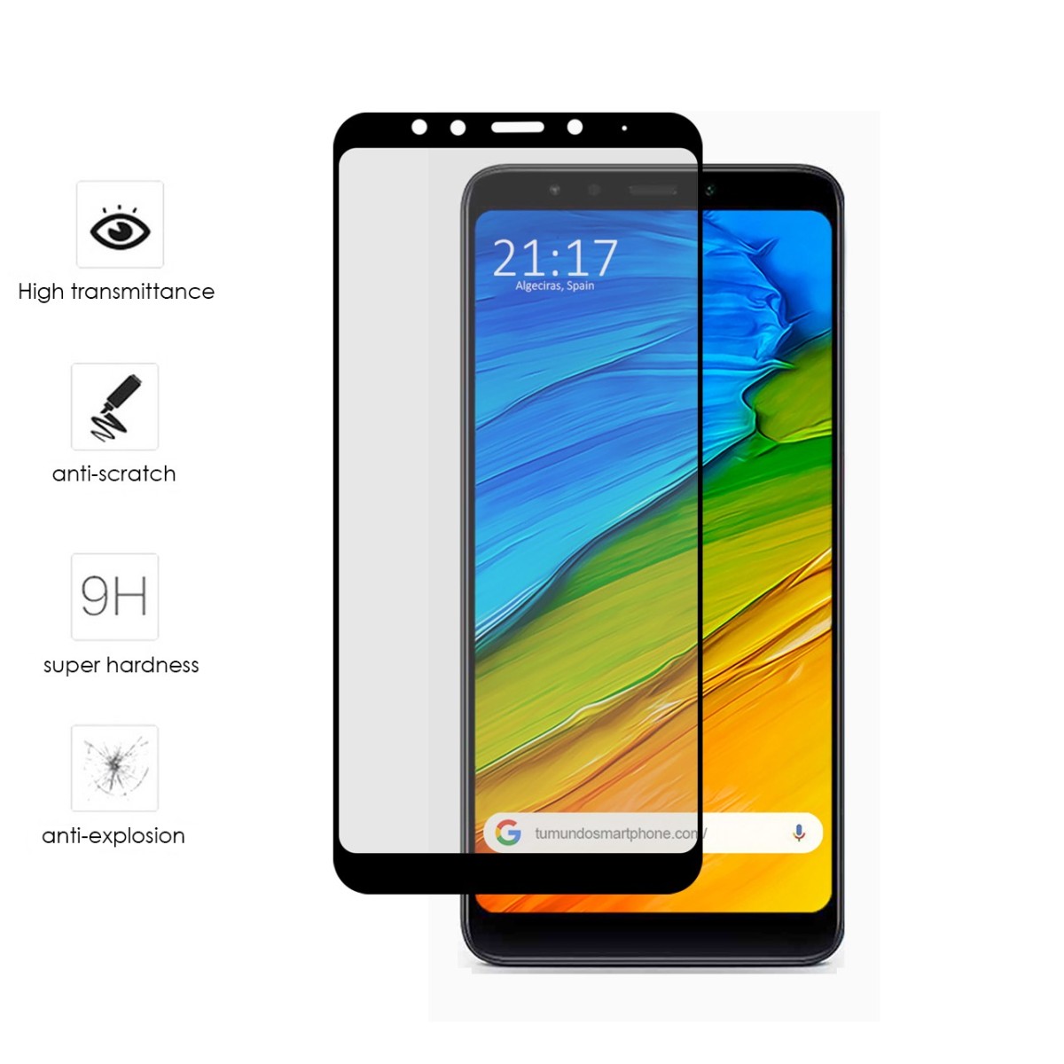 Protector Cristal Templado Frontal Completo Negro para Xiaomi Redmi 5 Vidrio