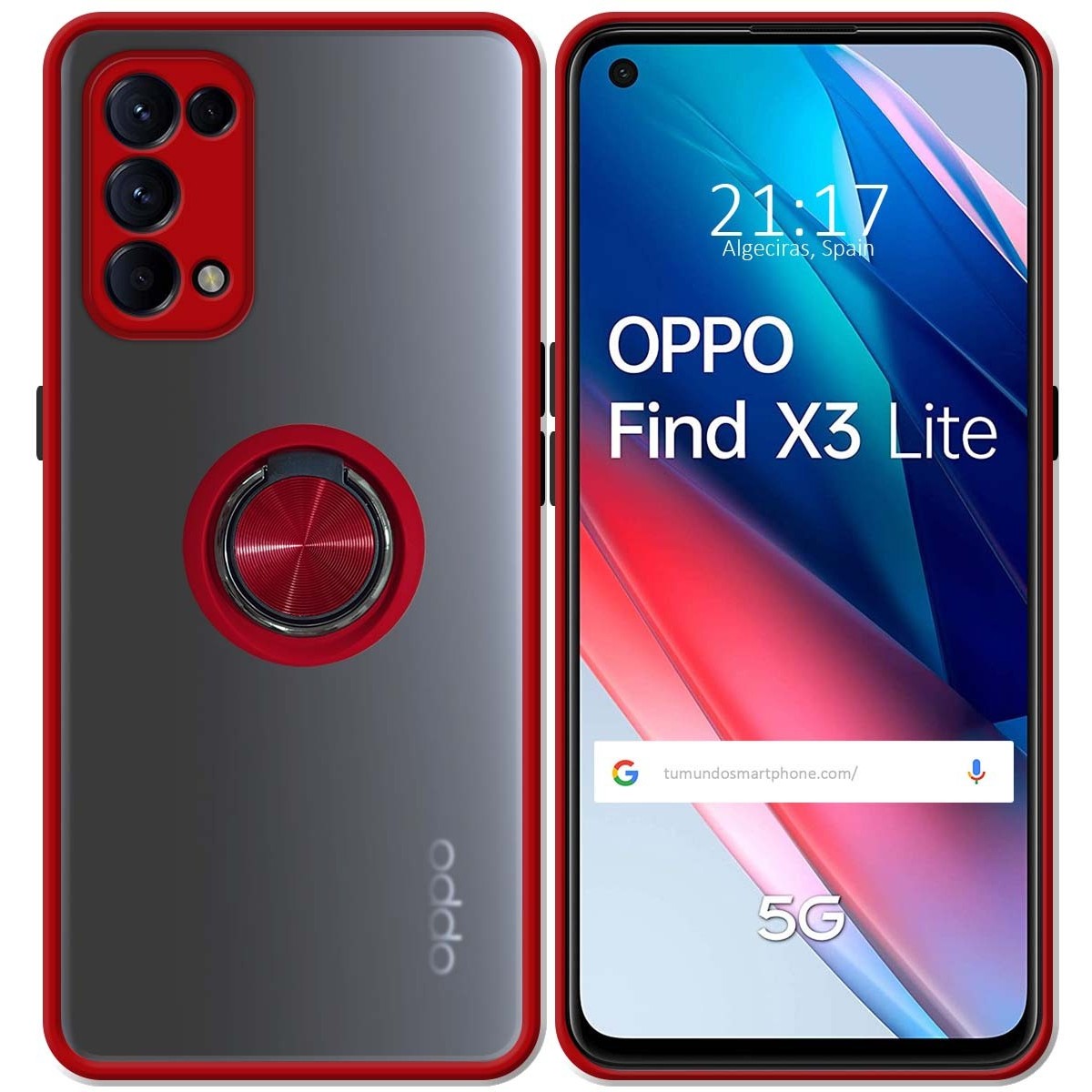 Funda Mate con Borde Roja y Anillo Giratorio 360 para Oppo Find X3 Lite 5G