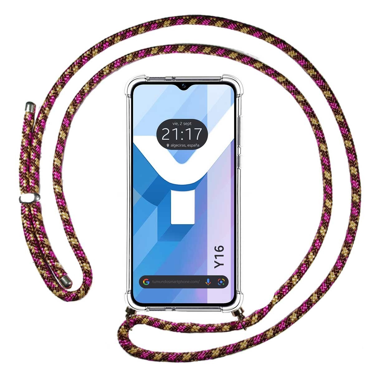 Funda Colgante Transparente para Vivo Y16 con Cordon Rosa / Dorado