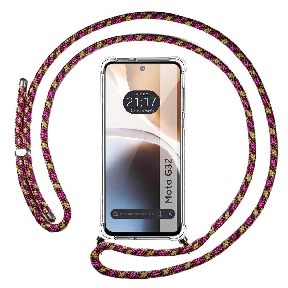 Funda Colgante Transparente para Motorola Moto G32 con Cordon Rosa / Dorado