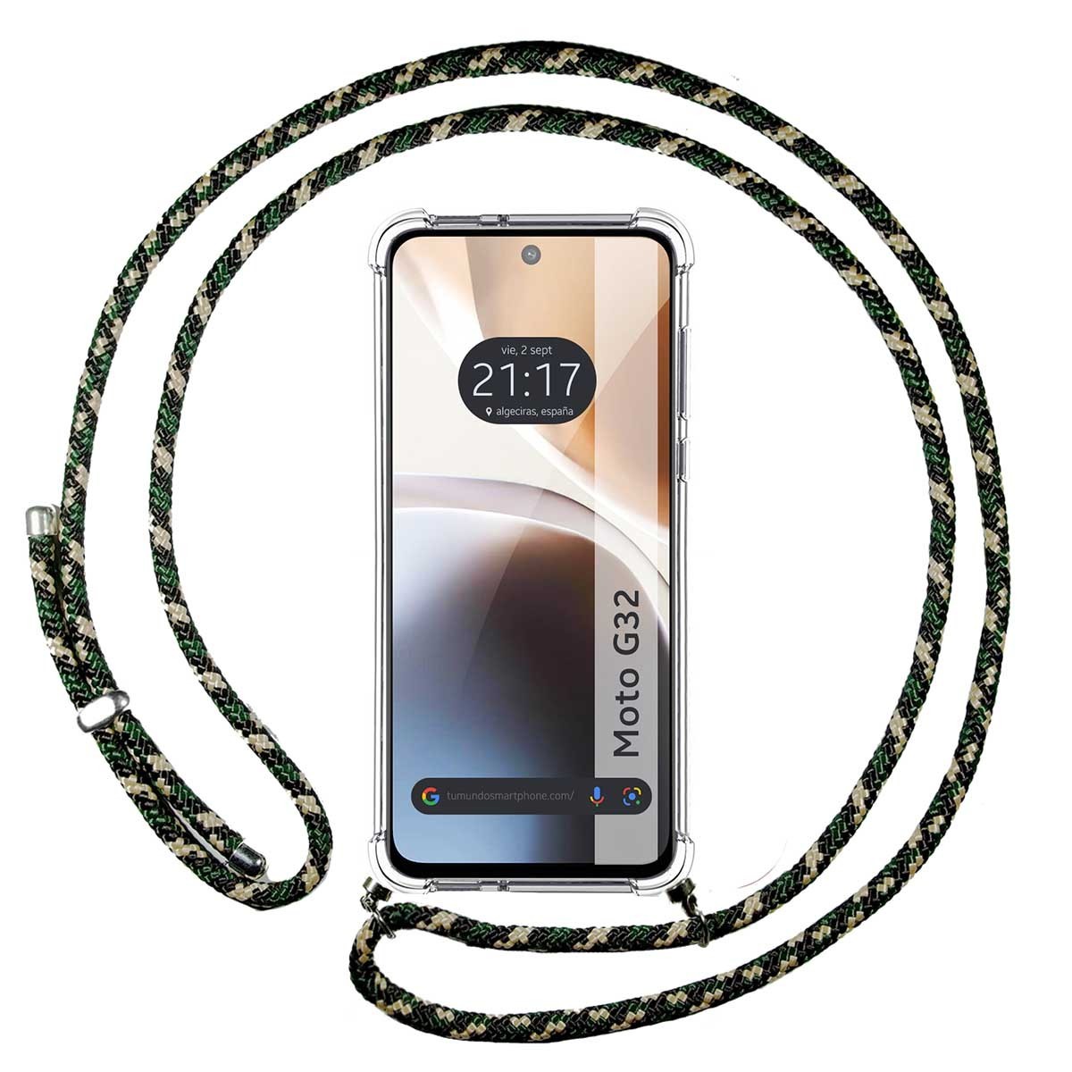 Funda Colgante Transparente para Motorola Moto G32 con Cordon Verde / Dorado