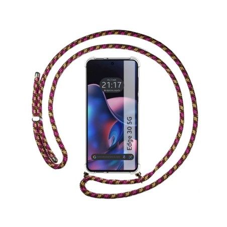 Funda Colgante Transparente para Motorola Moto Edge 30 5G con Cordon Rosa / Dorado