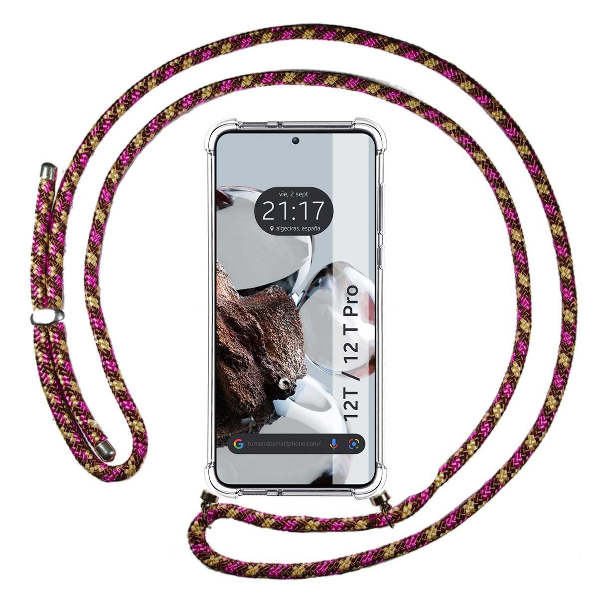 Funda Colgante Transparente para Xiaomi 12T / 12T Pro 5G con Cordon Rosa / Dorado