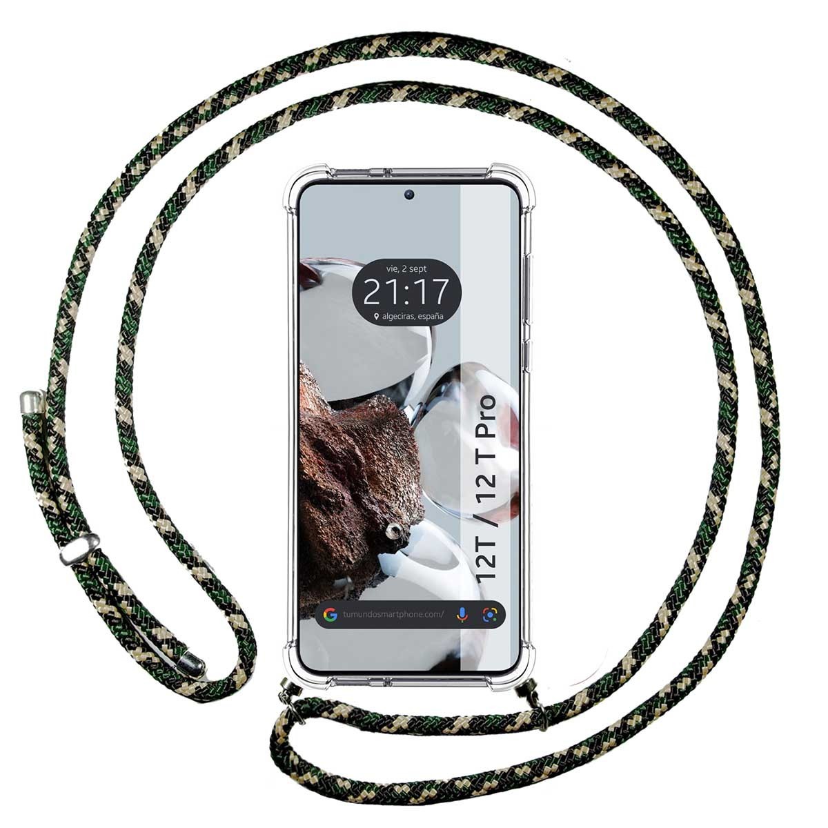 Funda Colgante Transparente para Xiaomi 12T / 12T Pro 5G con Cordon Verde / Dorado