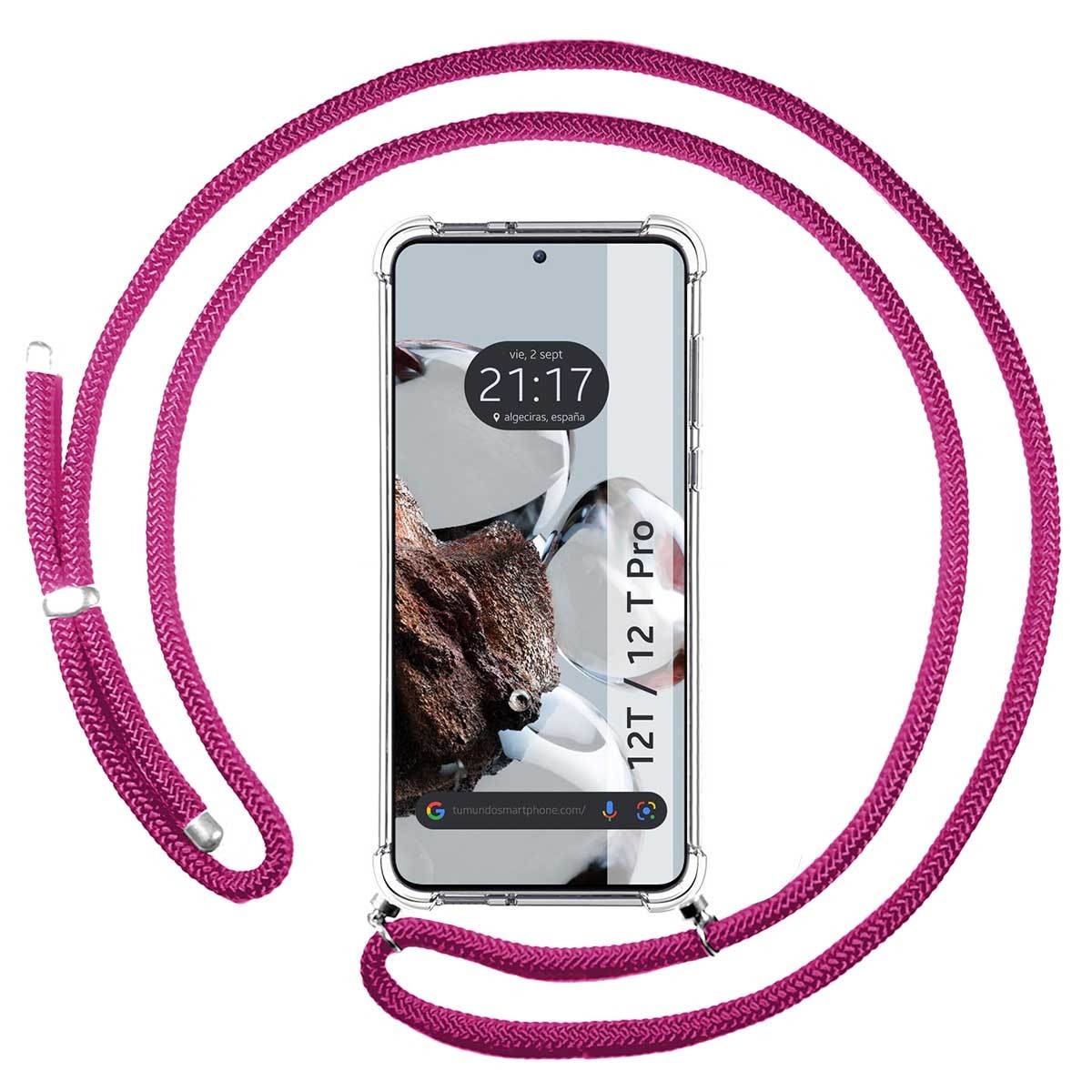 Funda Colgante Transparente para Xiaomi 12T / 12T Pro 5G con Cordon Rosa Fucsia
