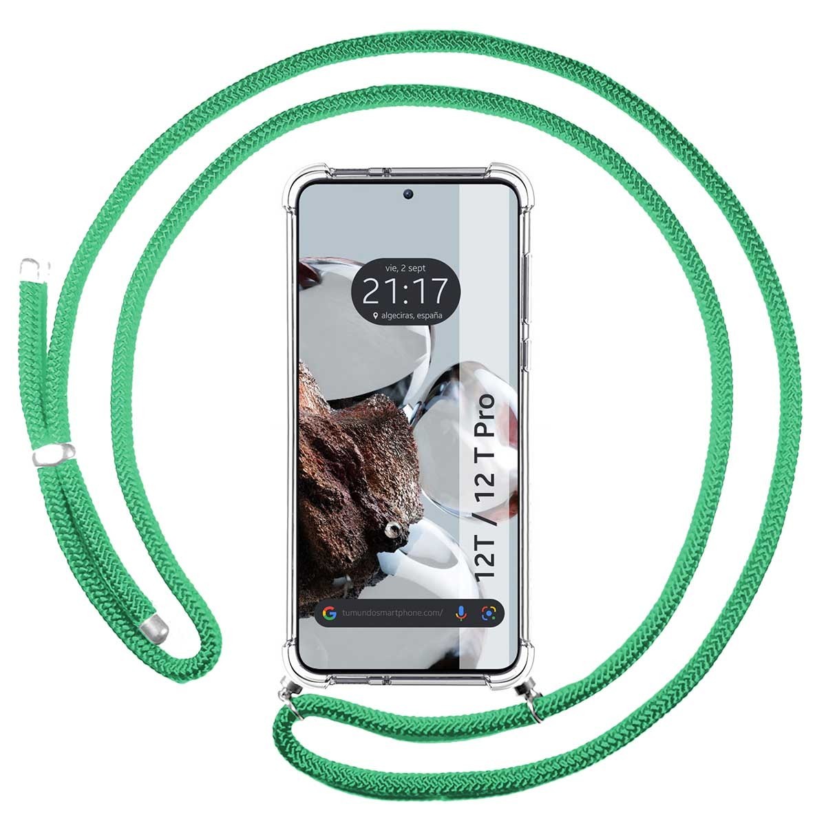 Funda Colgante Transparente para Xiaomi 12T / 12T Pro 5G con Cordon Verde Agua