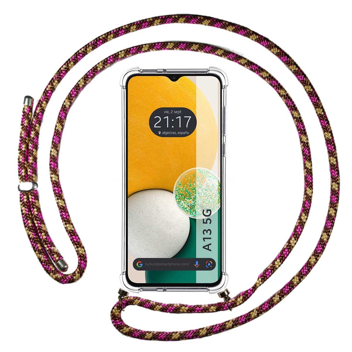 Funda Colgante Transparente para Samsung Galaxy A13 5G con Cordon Rosa / Dorado