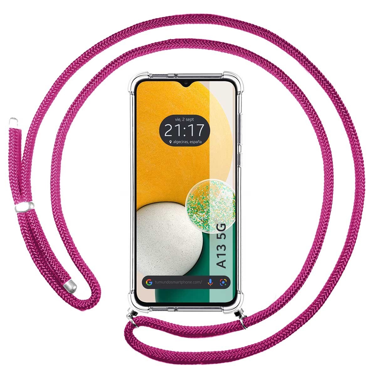 Funda Colgante Transparente para Samsung Galaxy A13 5G con Cordon Rosa Fucsia