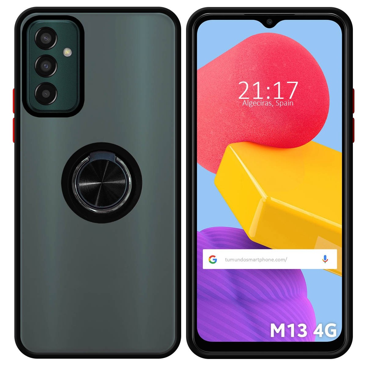 Funda Mate con Borde Negro y Anillo Giratorio 360 para Samsung Galaxy M13 4G