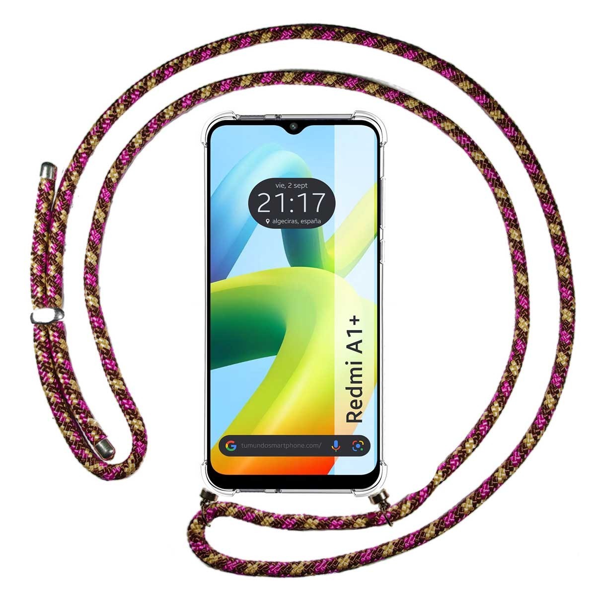 Funda Colgante Transparente para Xiaomi Redmi A1 Plus con Cordon Rosa / Dorado