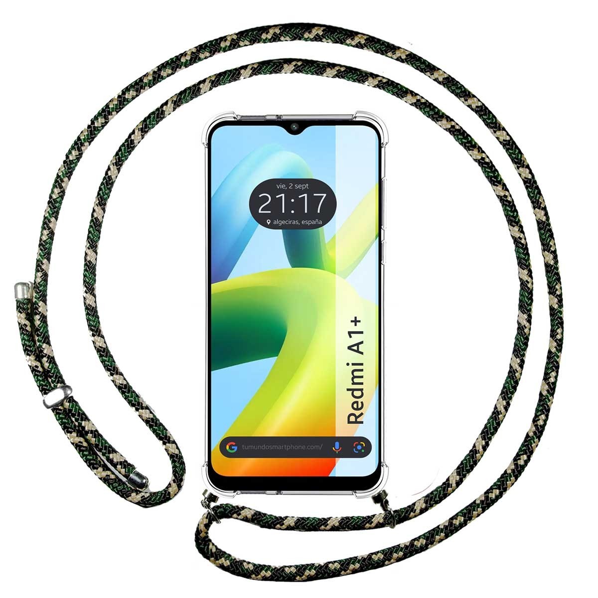 Funda Colgante Transparente para Xiaomi Redmi A1 Plus con Cordon Verde / Dorado