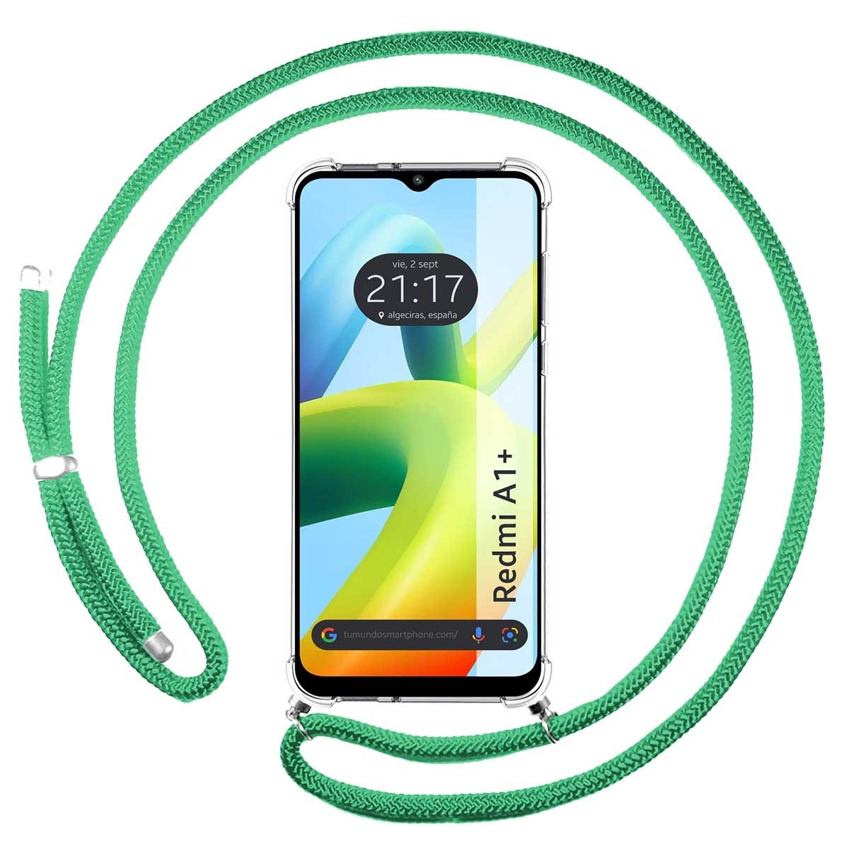 Funda Colgante Transparente para Xiaomi Redmi A1 Plus con Cordon Verde Agua