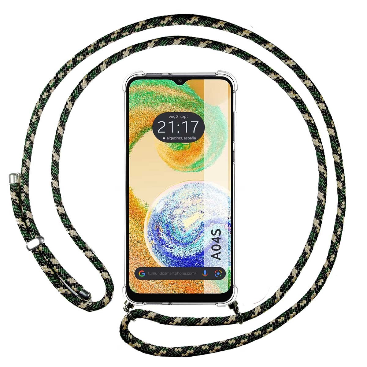 Funda Colgante Transparente para Samsung Galaxy A04s con Cordon Verde / Dorado