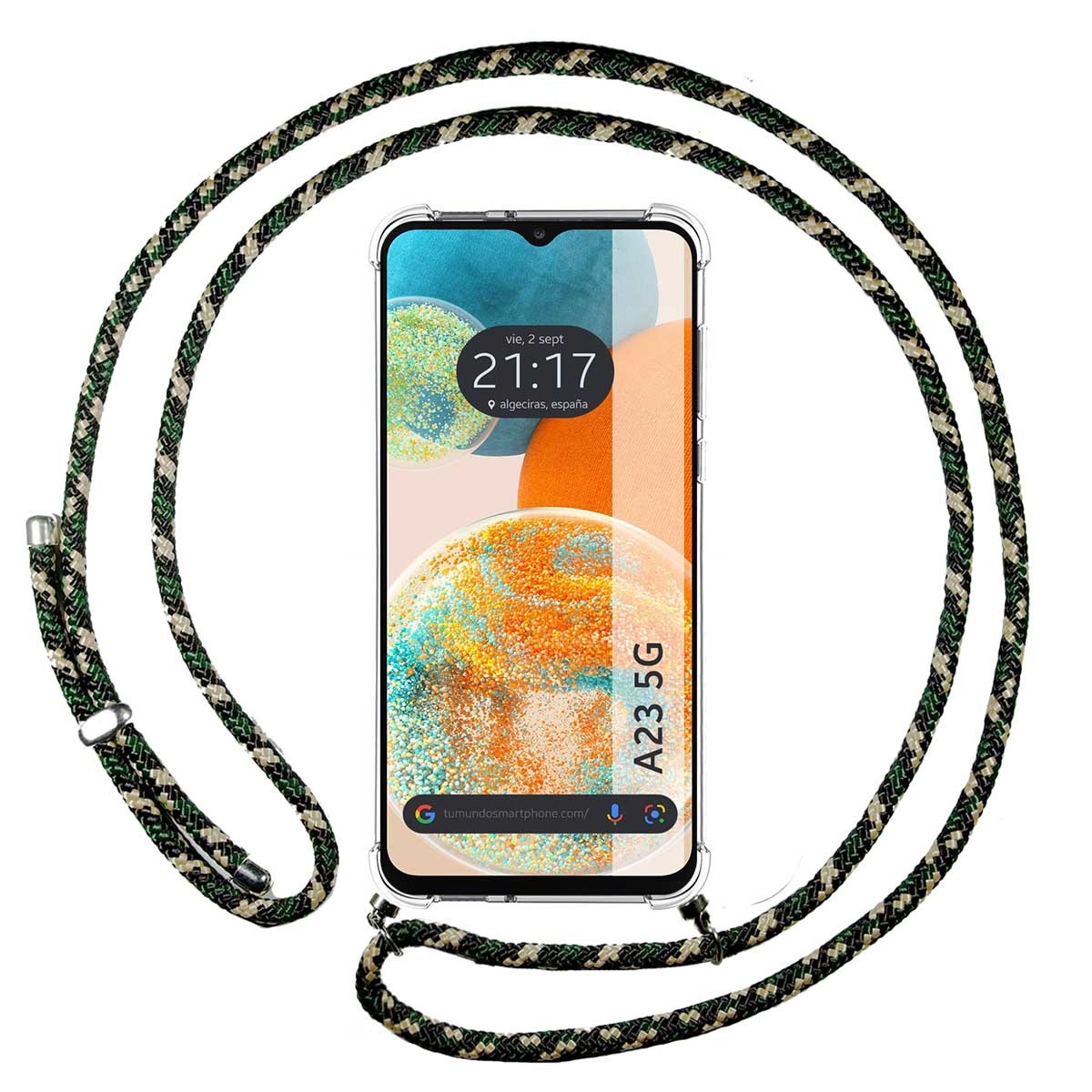 Funda Colgante Transparente para Samsung Galaxy A23 5G con Cordon Verde / Dorado