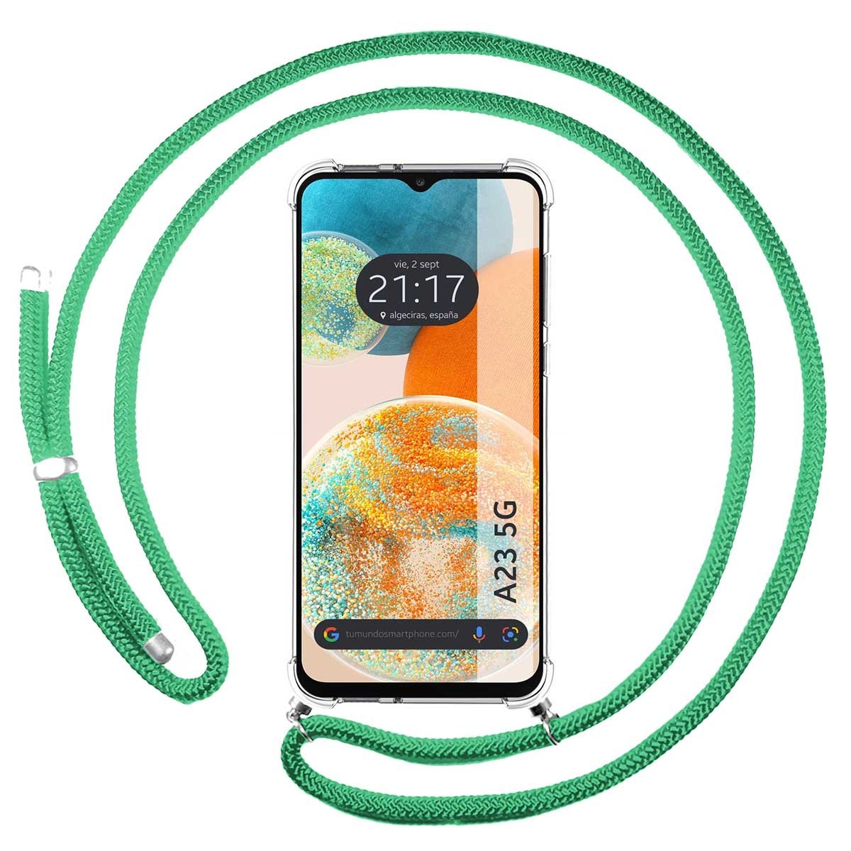 Funda Colgante Transparente para Samsung Galaxy A23 5G con Cordon Verde Agua