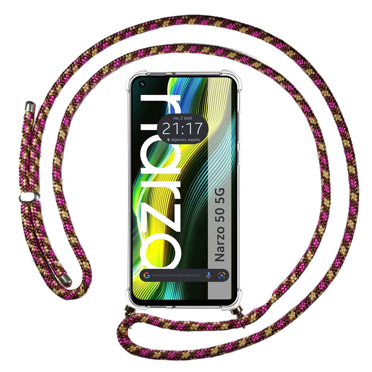 Funda Colgante Transparente para Realme Narzo 50 5G con Cordon Rosa / Dorado