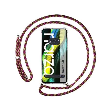 Funda Colgante Transparente para Realme Narzo 50 5G con Cordon Rosa / Dorado