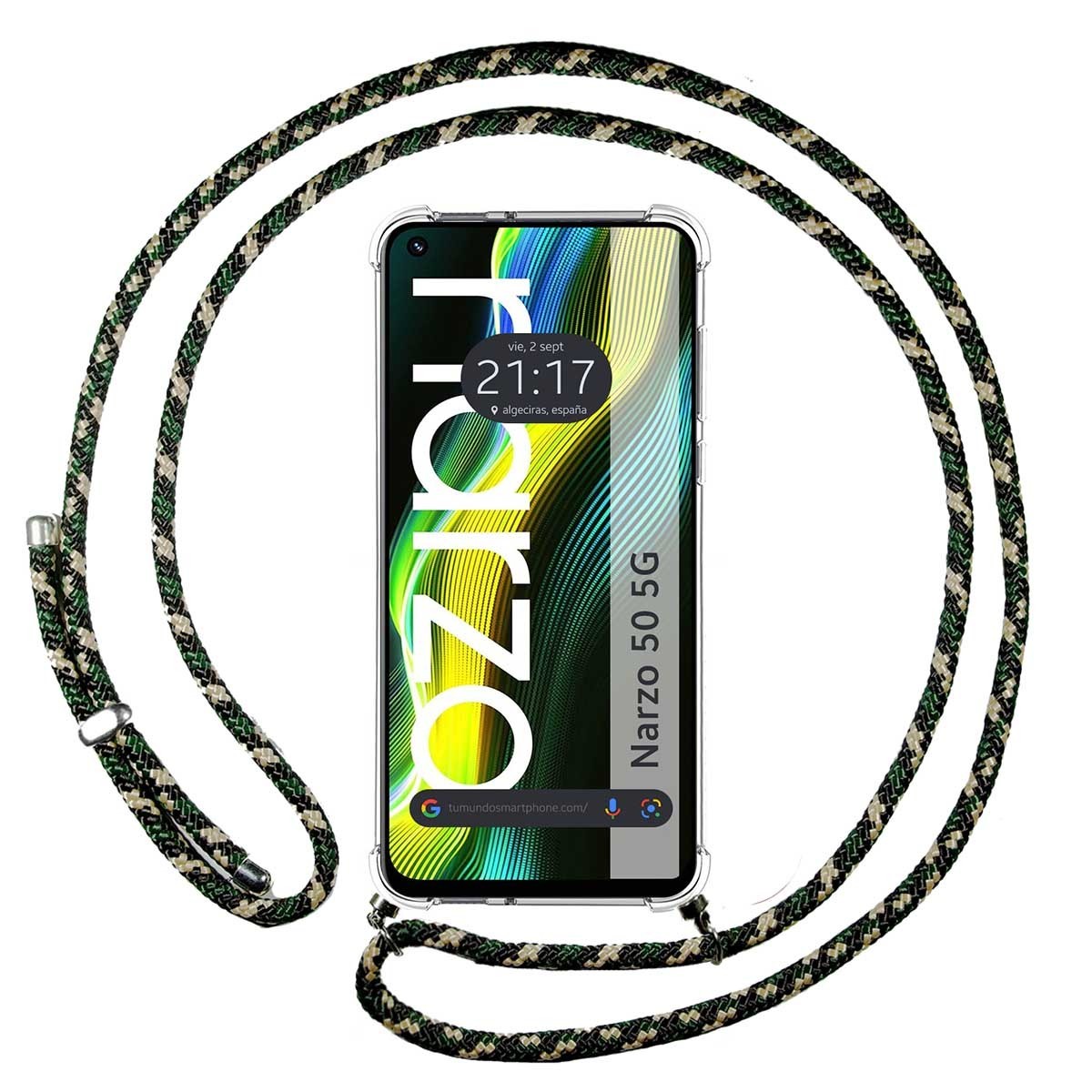 Funda Colgante Transparente para Realme Narzo 50 5G con Cordon Verde / Dorado