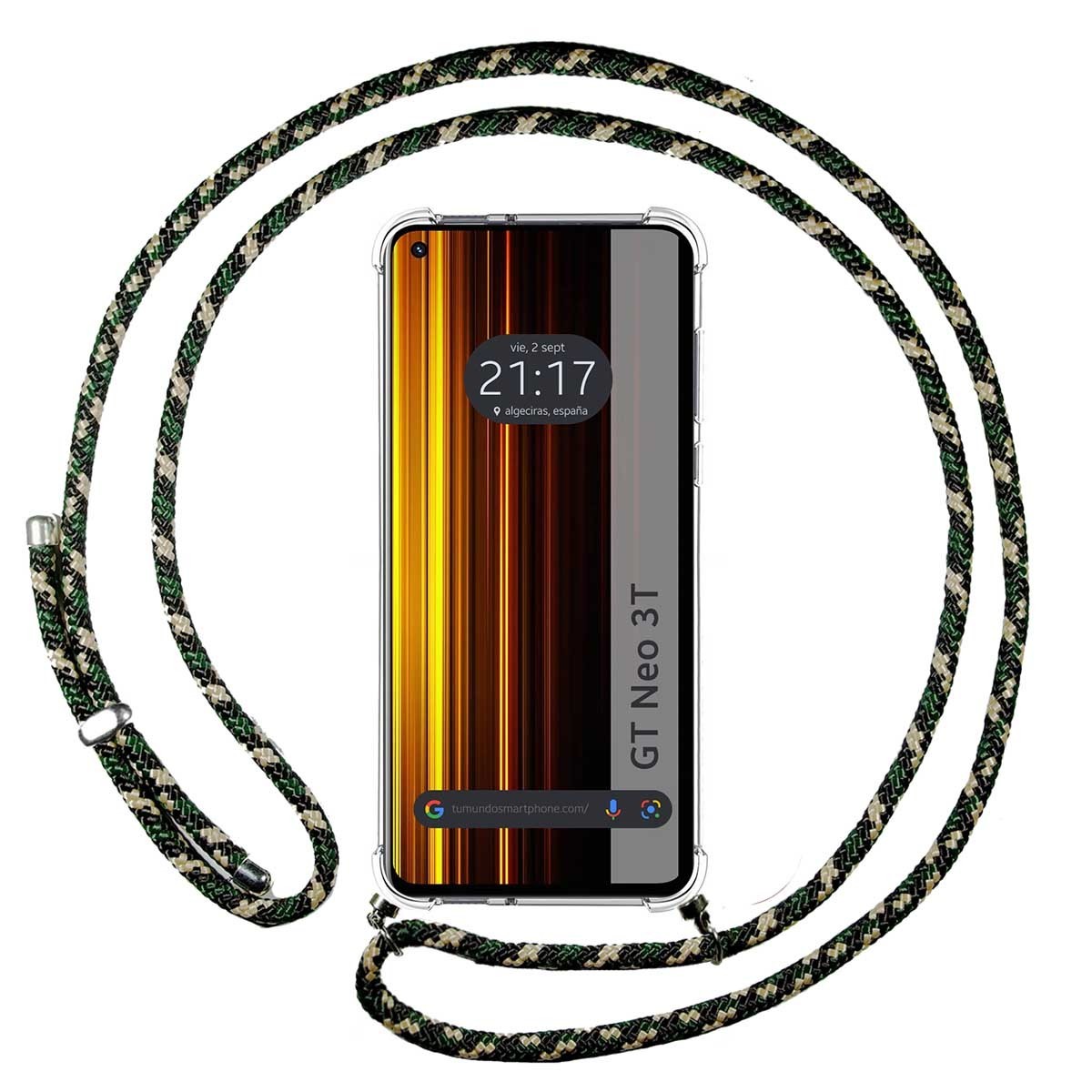 Funda Colgante Transparente para Realme GT Neo 3T 5G con Cordon Verde/Dorado