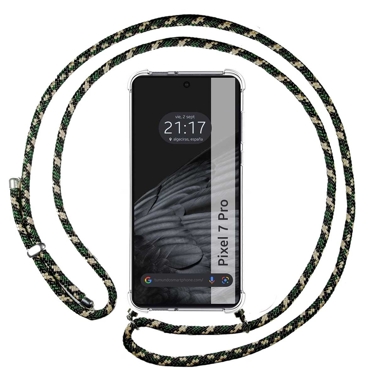 Funda Colgante Transparente para Google Pixel 7 Pro 5G con Cordon Verde / Dorado