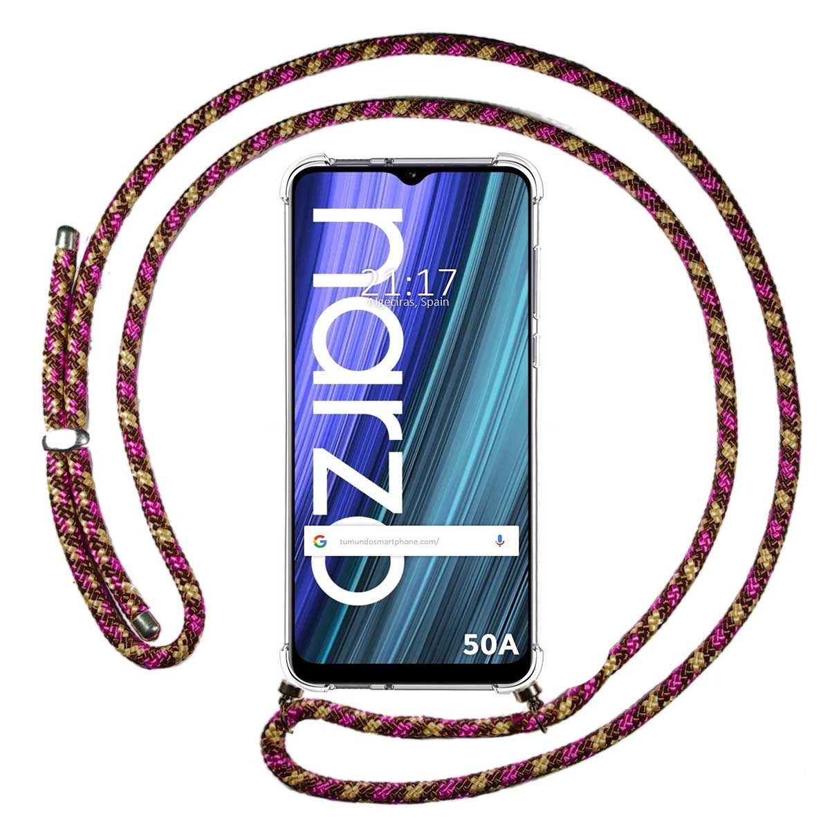 Funda Colgante Transparente para Realme Narzo 50A con Cordon Rosa / Dorado