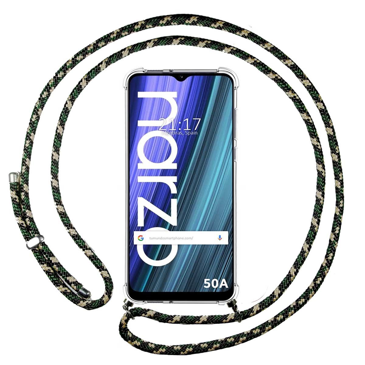 Funda Colgante Transparente para Realme Narzo 50A con Cordon Verde / Dorado