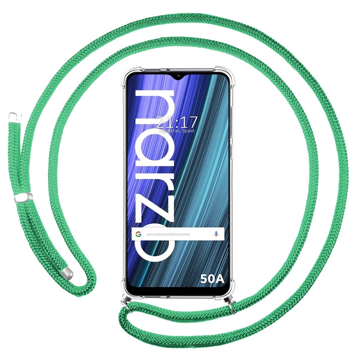 Funda Colgante Transparente para Realme Narzo 50A con Cordon Verde Agua