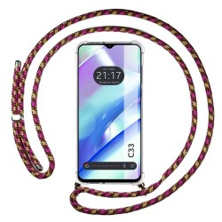 Funda Colgante Transparente para Realme C33 con Cordon Rosa / Dorado