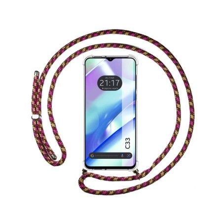 Funda Colgante Transparente para Realme C33 con Cordon Rosa / Dorado