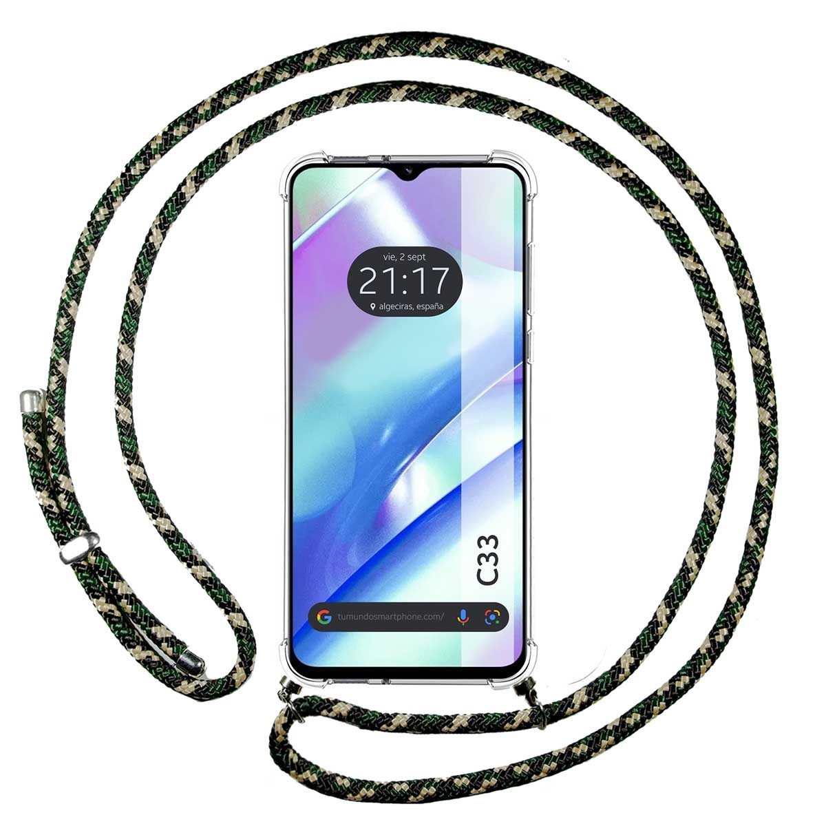 Funda Colgante Transparente para Realme C33 con Cordon Verde / Dorado