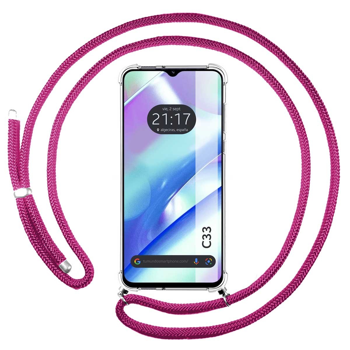 Funda Colgante Transparente para Realme C33 con Cordon Rosa Fucsia