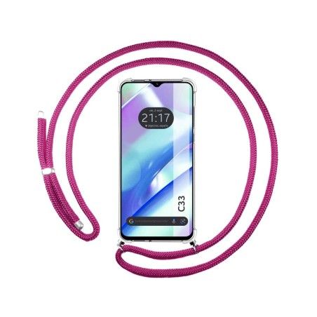 Funda Colgante Transparente para Realme C33 con Cordon Rosa Fucsia