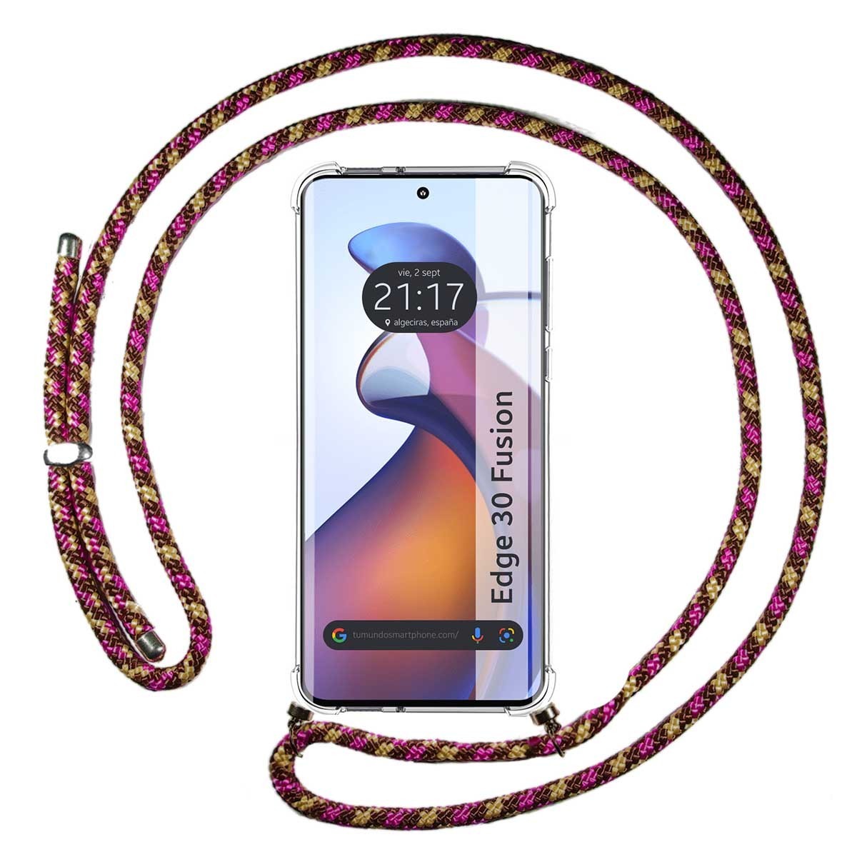 Funda Colgante Transparente para Motorola Edge 30 Fusion 5G con Cordon Rosa / Dorado