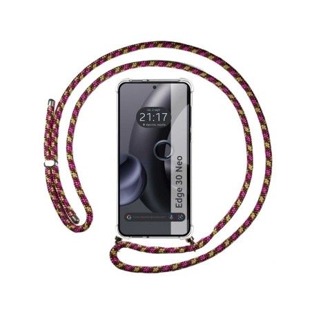 Funda Colgante Transparente para Motorola Edge 30 Neo 5G con Cordon Rosa / Dorado