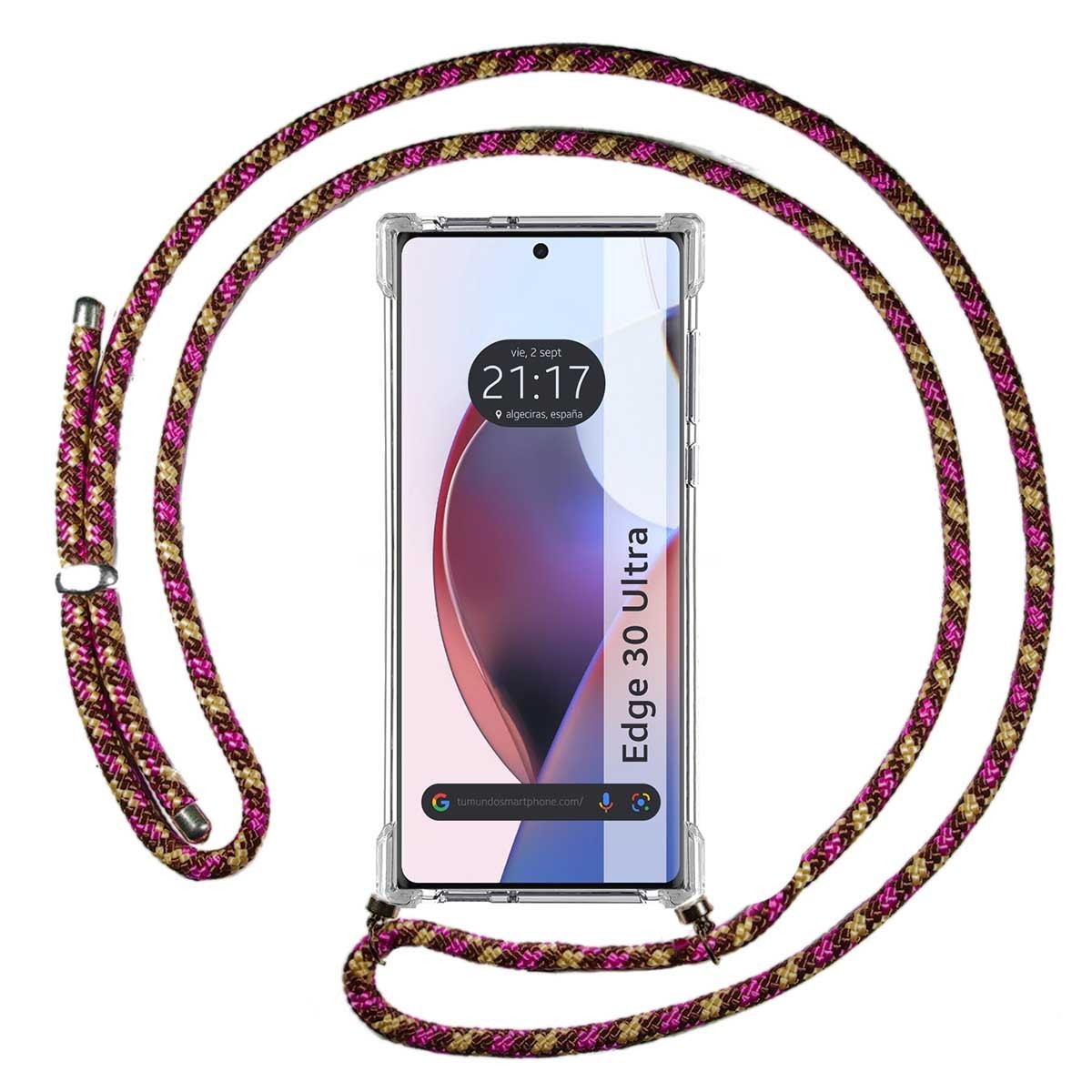 Funda Colgante Transparente para Motorola Edge 30 Ultra 5G con Cordon Rosa / Dorado