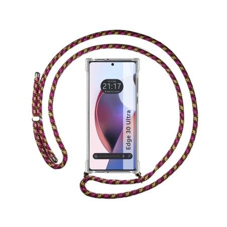 Funda Colgante Transparente para Motorola Edge 30 Ultra 5G con Cordon Rosa / Dorado