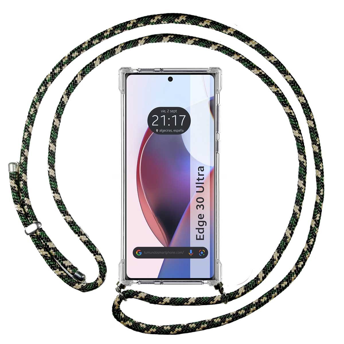 Funda Colgante Transparente para Motorola Edge 30 Ultra 5G con Cordon Verde / Dorado