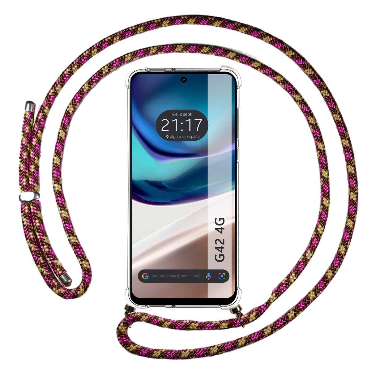 Funda Colgante Transparente para Motorola Moto G42 4G con Cordon Rosa / Dorado