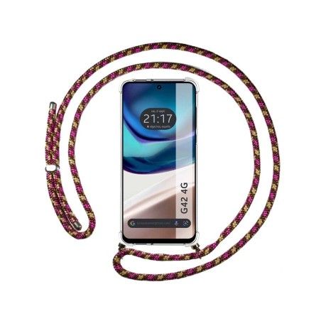 Funda Colgante Transparente para Motorola Moto G42 4G con Cordon Rosa / Dorado