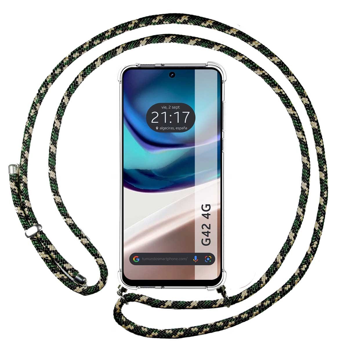 Funda Colgante Transparente para Motorola Moto G42 4G con Cordon Verde / Dorado