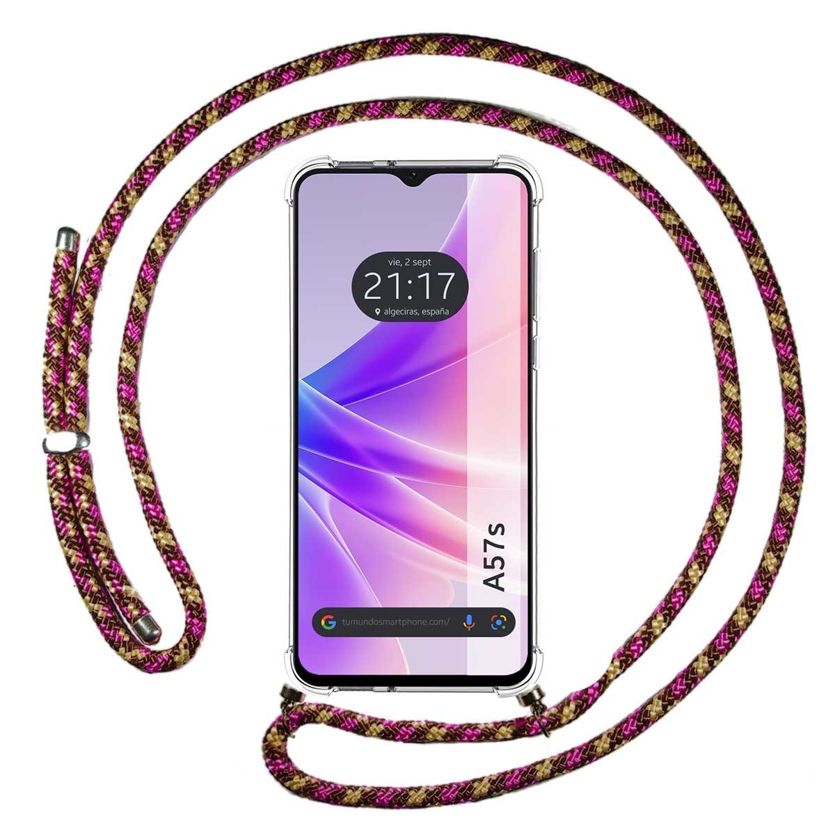 Funda Colgante Transparente para Oppo A57s con Cordon Rosa / Dorado