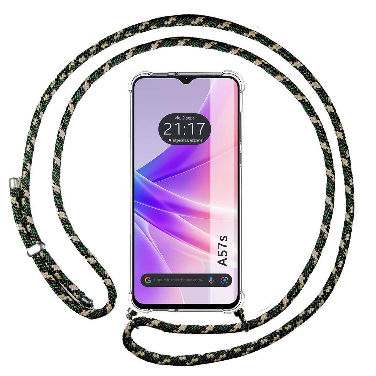 Funda Colgante Transparente para Oppo A57s con Cordon Verde / Dorado