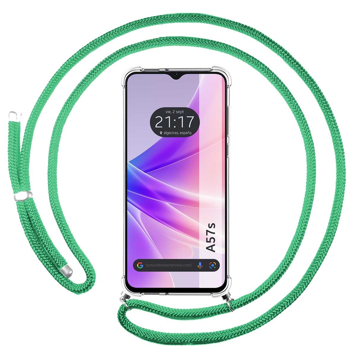 Funda Colgante Transparente para Oppo A57s con Cordon Verde Agua