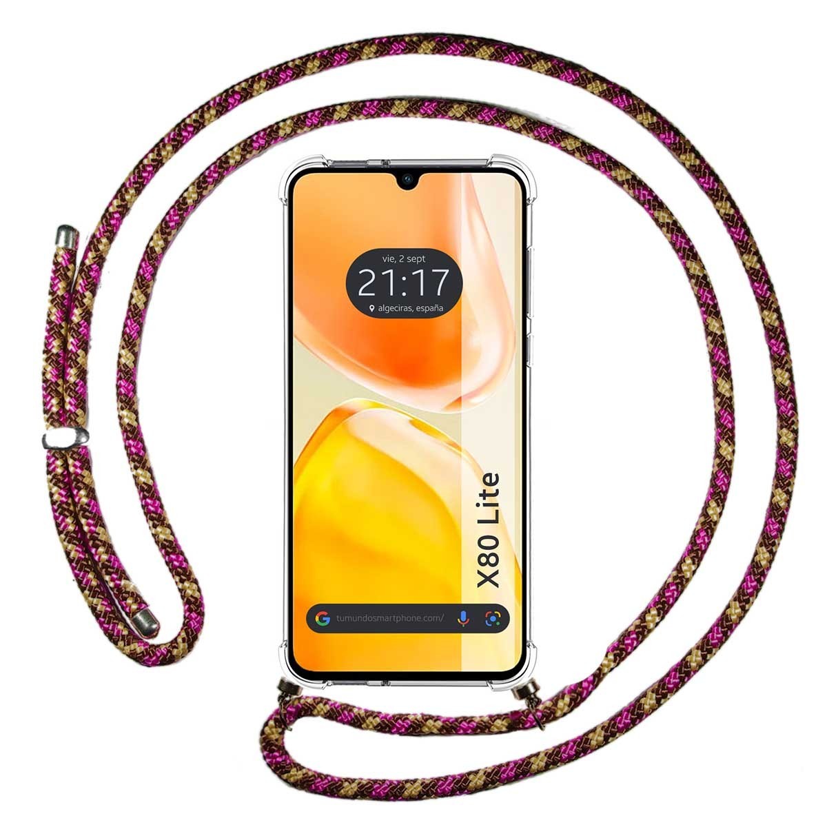 Funda Colgante Transparente para Vivo X80 Lite 5G con Cordon Rosa / Dorado