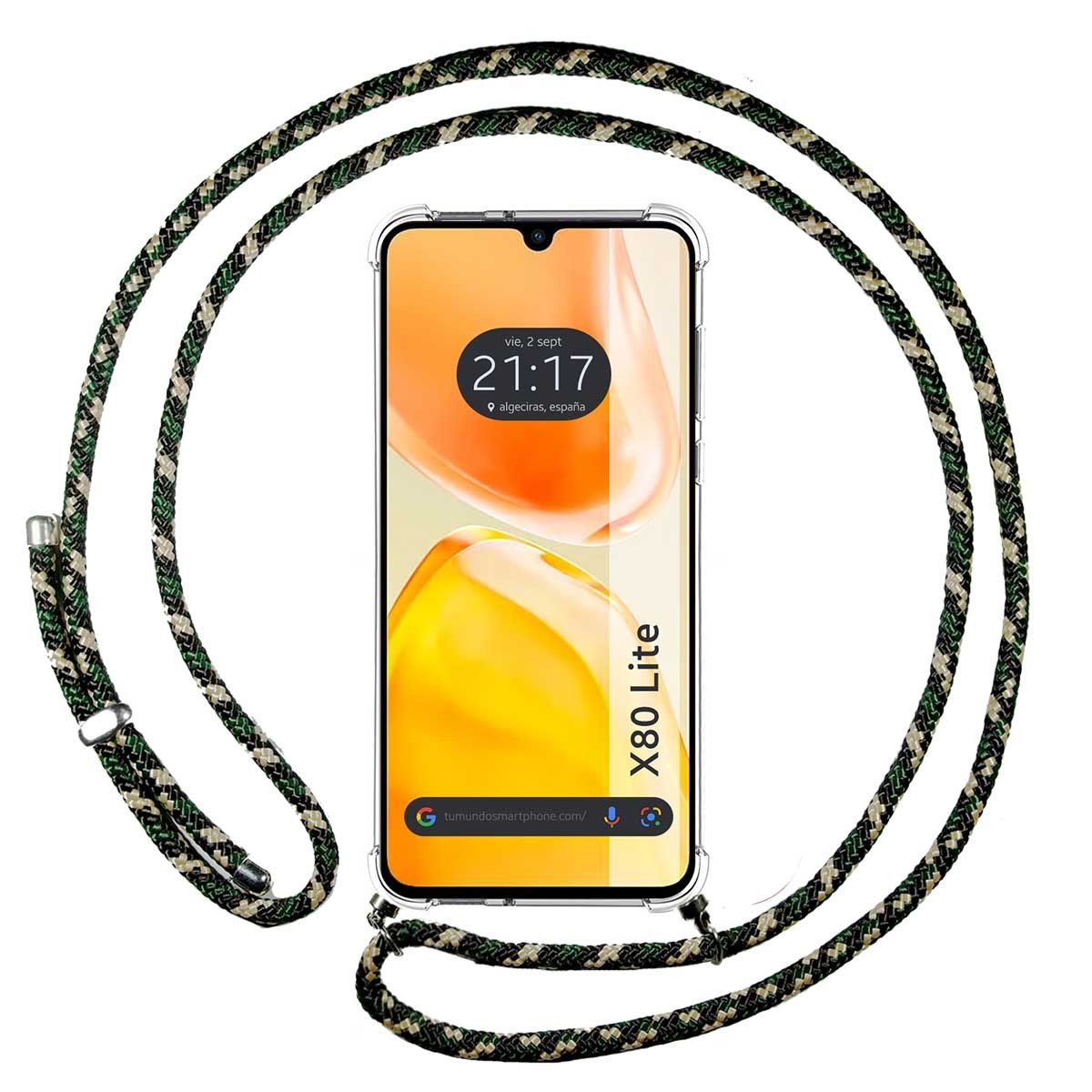 Funda Colgante Transparente para Vivo X80 Lite 5G con Cordon Verde / Dorado