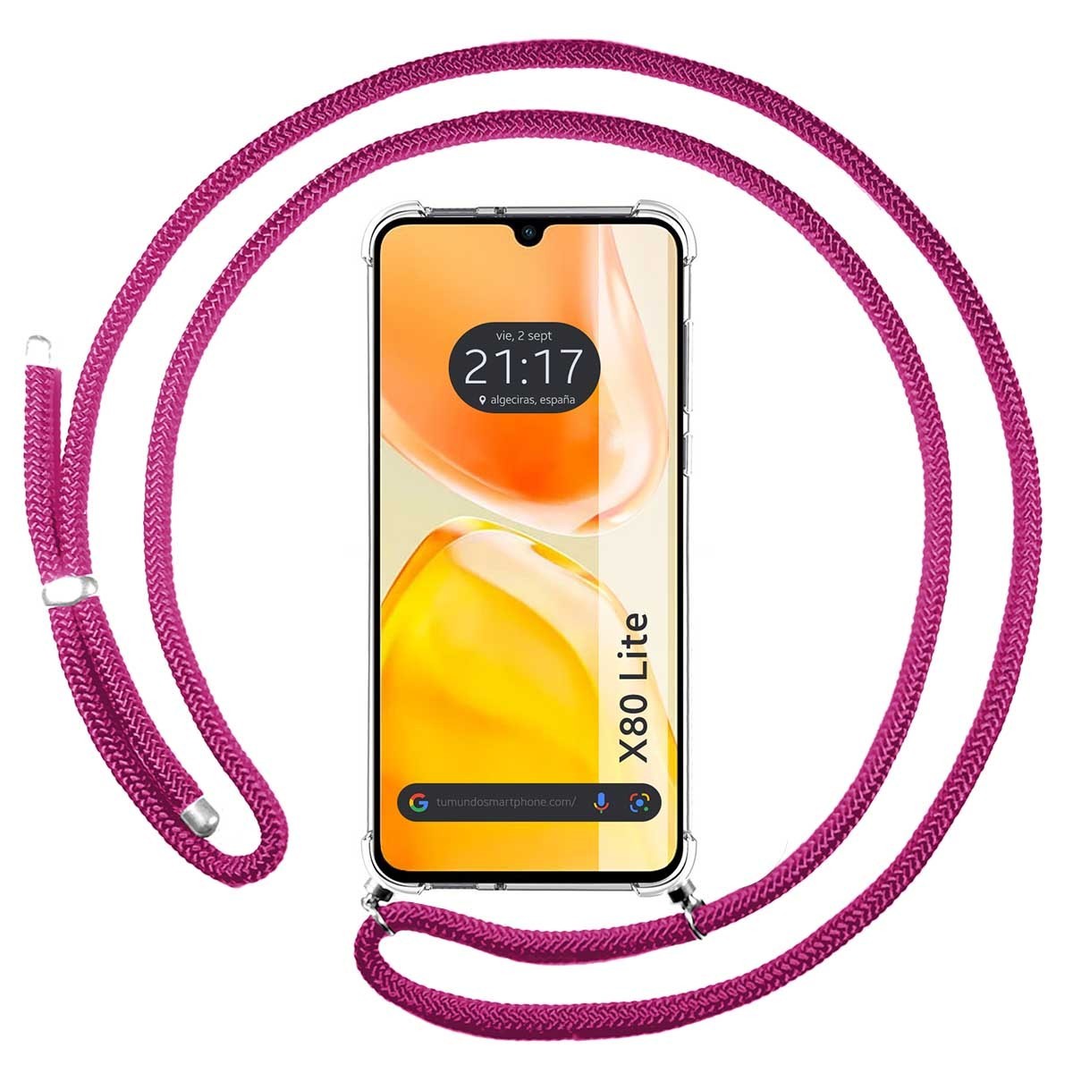 Funda Colgante Transparente para Vivo X80 Lite 5G con Cordon Rosa Fucsia