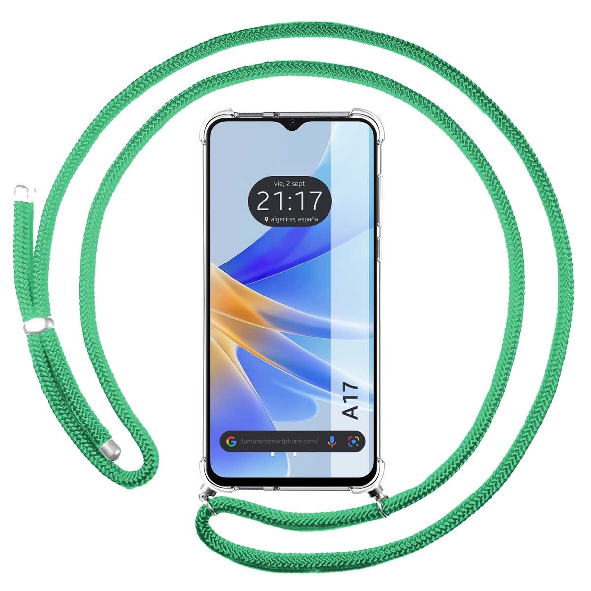 Funda Colgante Transparente para Oppo A17 con Cordon Verde Agua