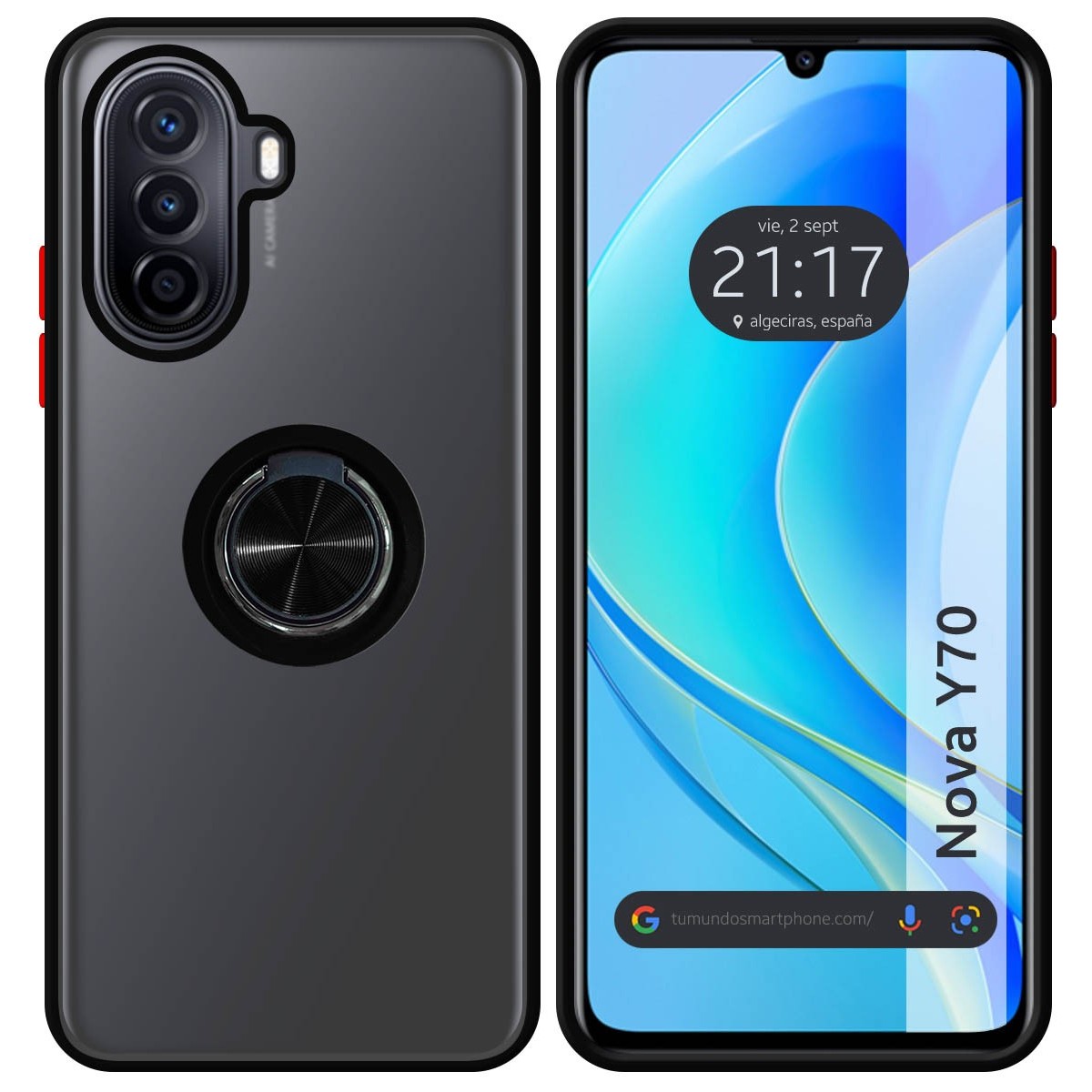 Funda Mate con Borde Negro y Anillo Giratorio 360 para Huawei Nova Y70