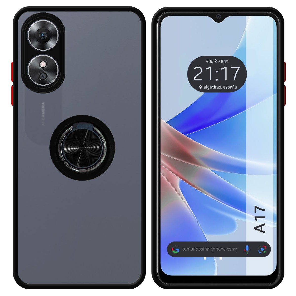 Funda Mate con Borde Negro y Anillo Giratorio 360 para Oppo A17